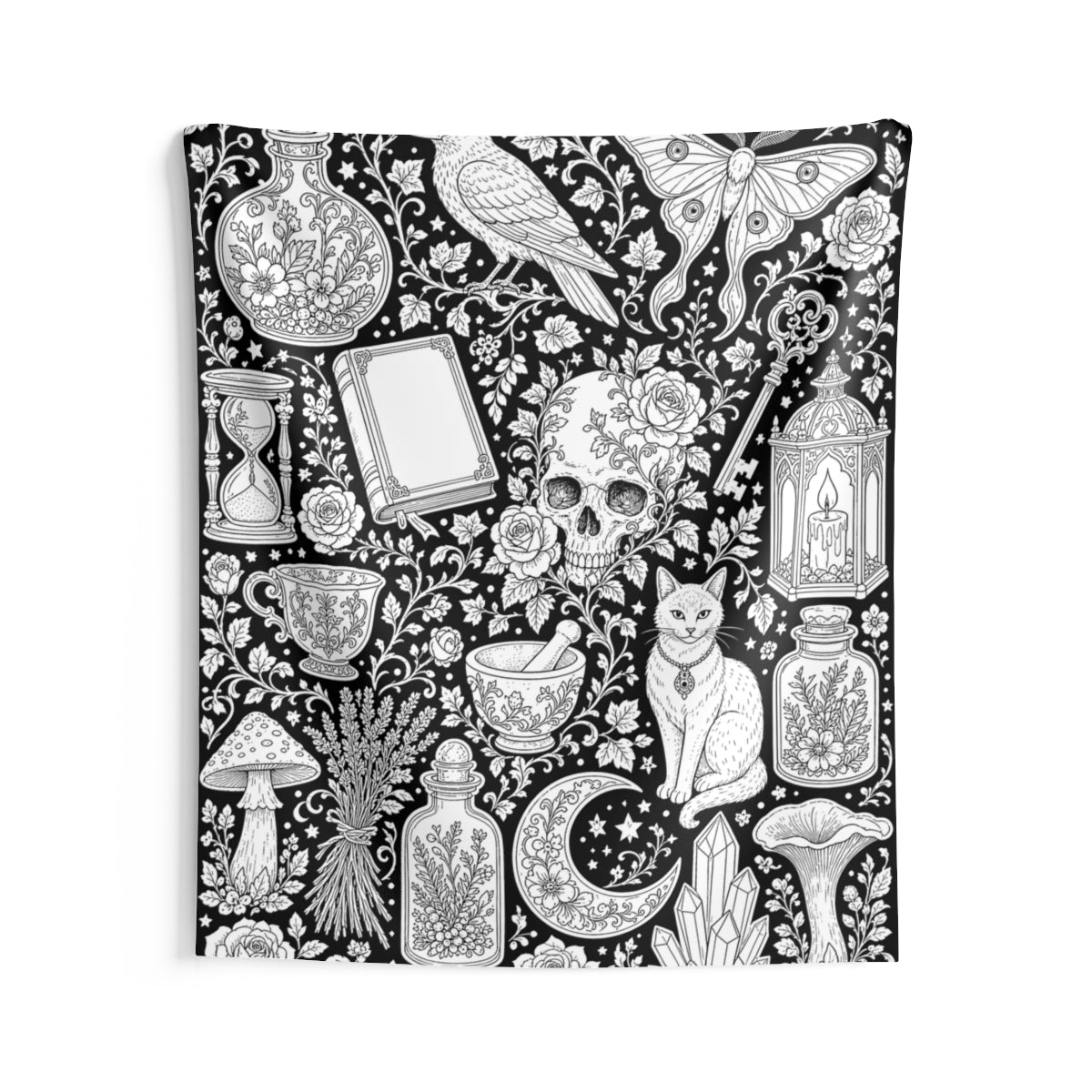 Gothic Apothecary Indoor Wall Tapestry kit shown in a lifestyle mockup - 68" × 80"