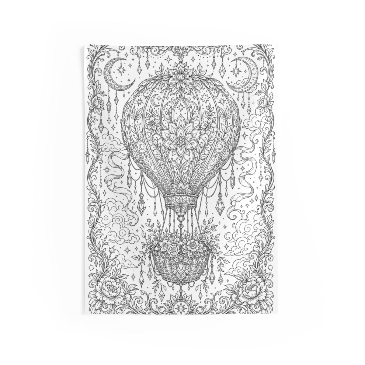 Celestial Hot Air Balloon Indoor Wall Tapestry kit shown in a lifestyle mockup - 26" × 36"