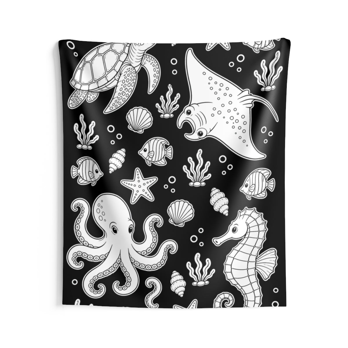 Ocean Friends Indoor Wall Tapestry kit shown in a lifestyle mockup - 68" × 80"