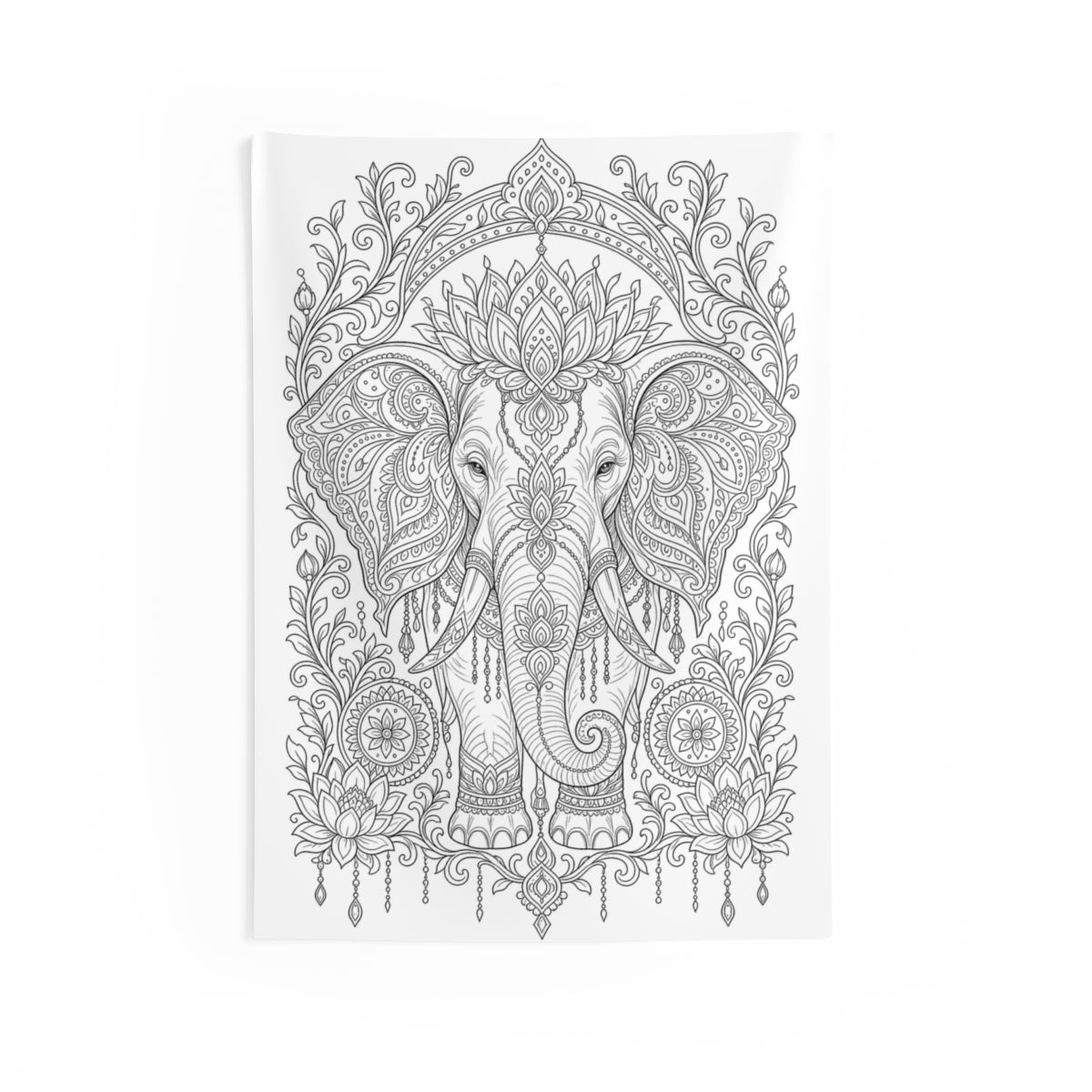 Ornate Elephant Lotus Garden Indoor Wall Tapestry kit shown in a lifestyle mockup - 26" × 36"