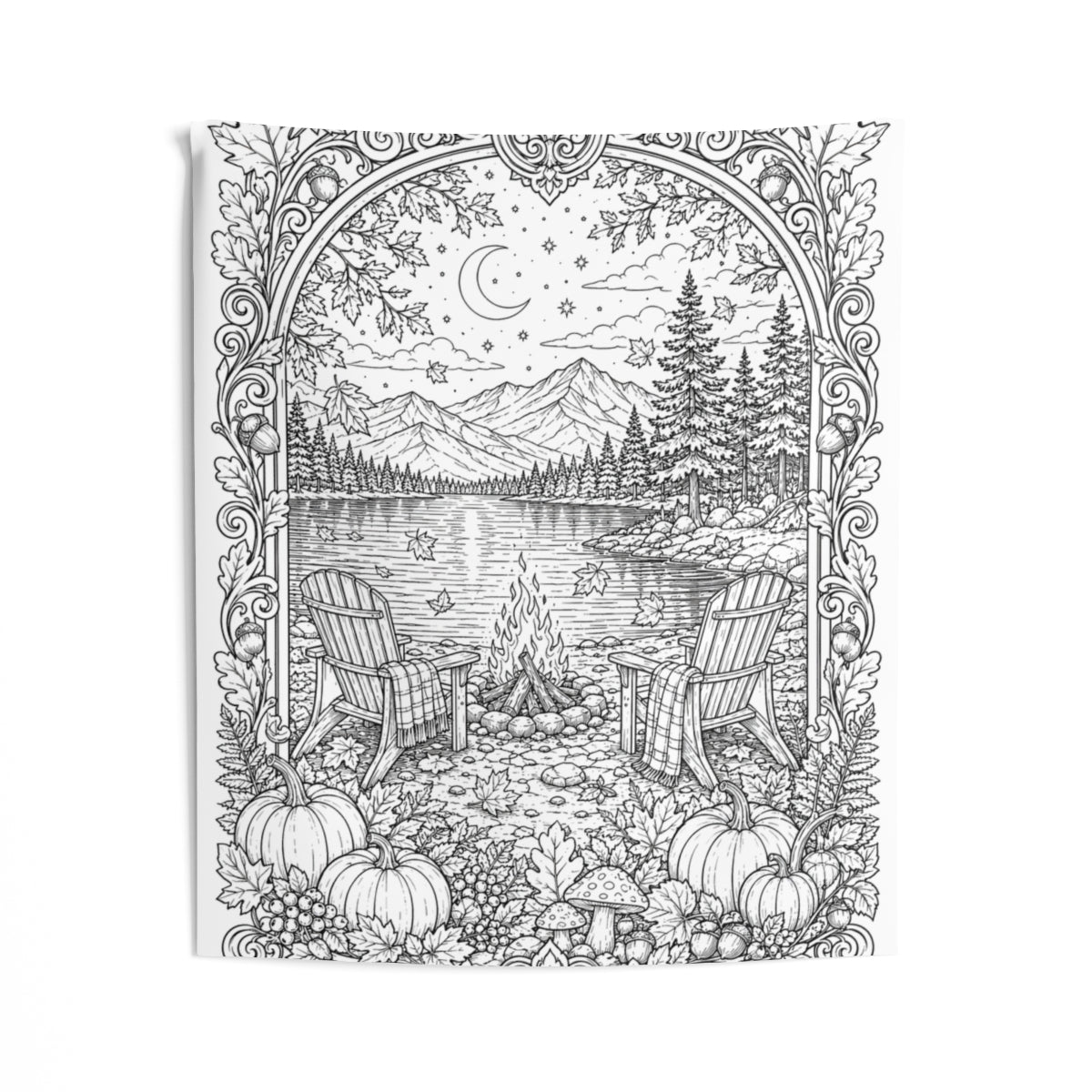 Autumn Lakeside Campfire Indoor Wall Tapestry kit shown in a lifestyle mockup - 50" × 60"