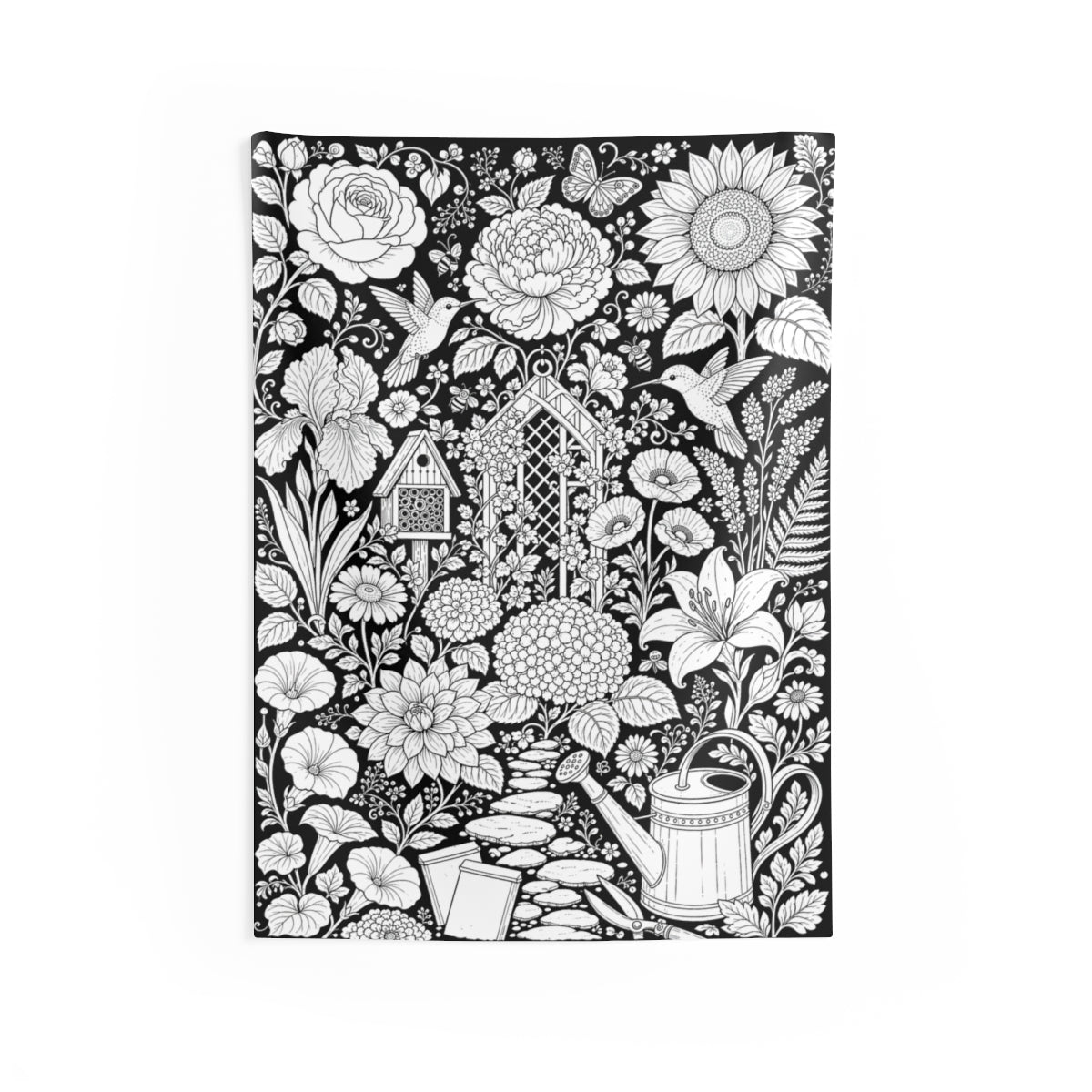 Hummingbird Flower Garden Indoor Wall Tapestry kit shown in a lifestyle mockup - 26" × 36"