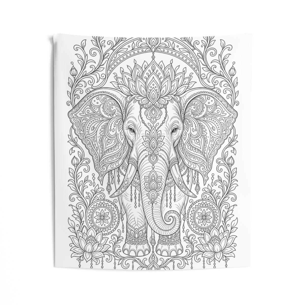Ornate Elephant Lotus Garden Indoor Wall Tapestry kit shown in a lifestyle mockup - 50" × 60"