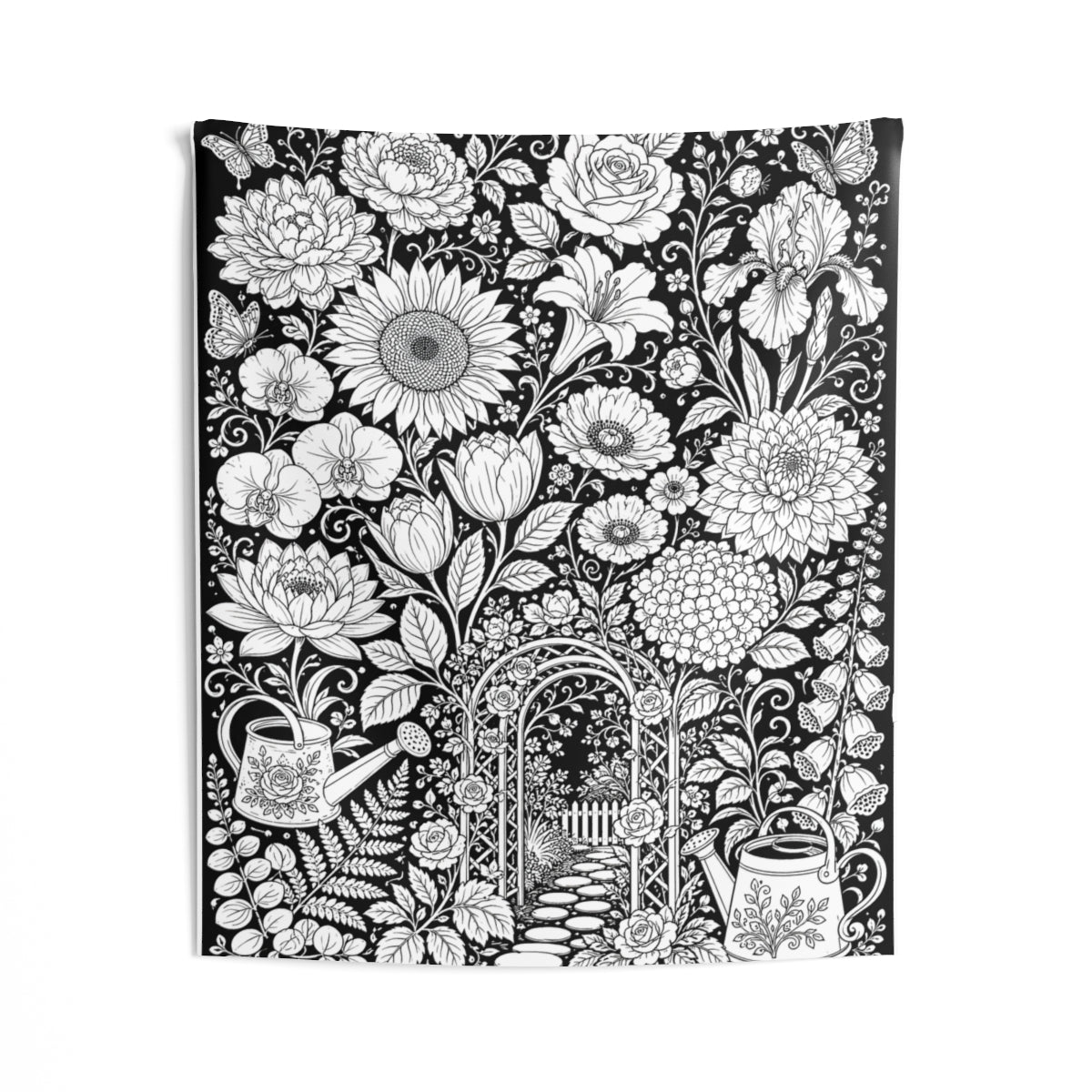 Garden Arbor Blooms Indoor Wall Tapestry kit shown in a lifestyle mockup - 50" × 60"