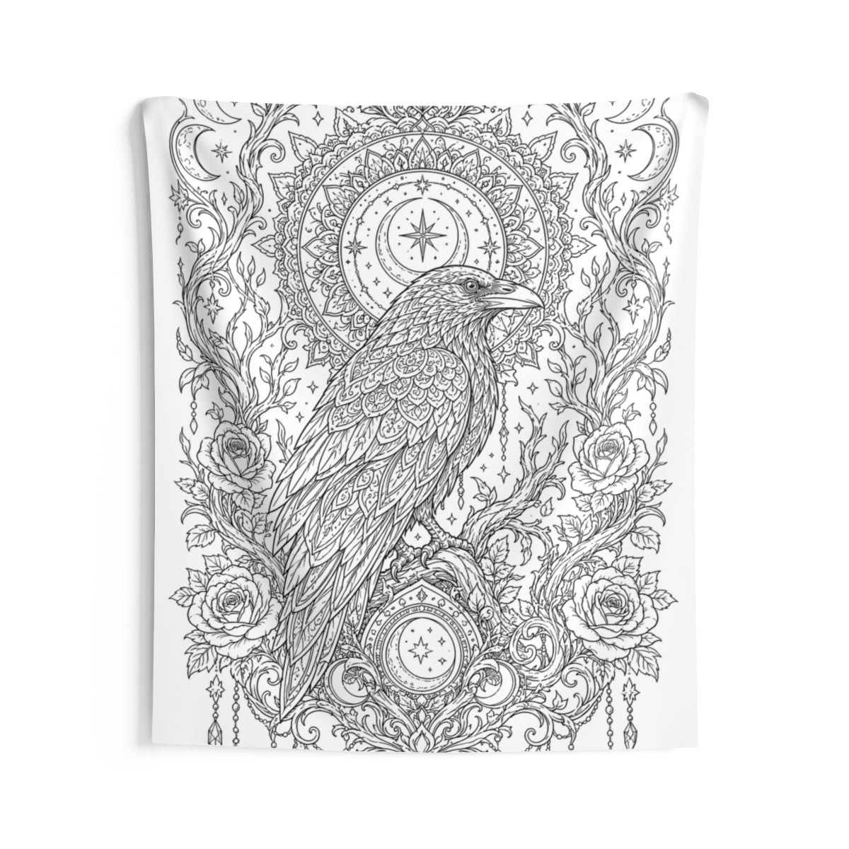 Celestial Raven Moon Garden Indoor Wall Tapestry kit shown in a lifestyle mockup - 68" × 80"