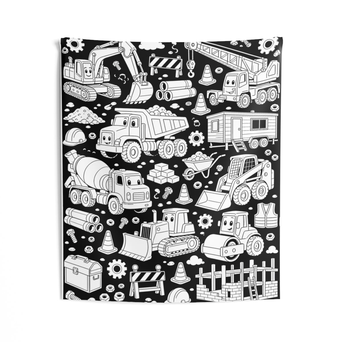 Happy Construction Trucks Indoor Wall Tapestry kit shown in a lifestyle mockup - 50" × 60"
