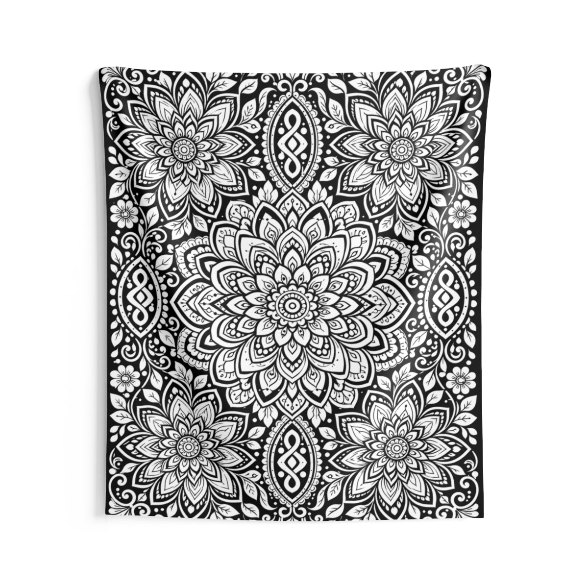 Lotus Bloom Mandala Indoor Wall Tapestry kit shown in a lifestyle mockup - 68" × 80"