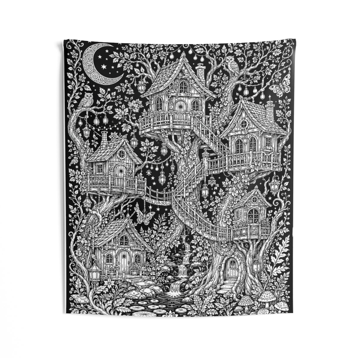 Moonlit Fairy Treehouse Village Indoor Wall Tapestry kit shown in a lifestyle mockup - 50" × 60"