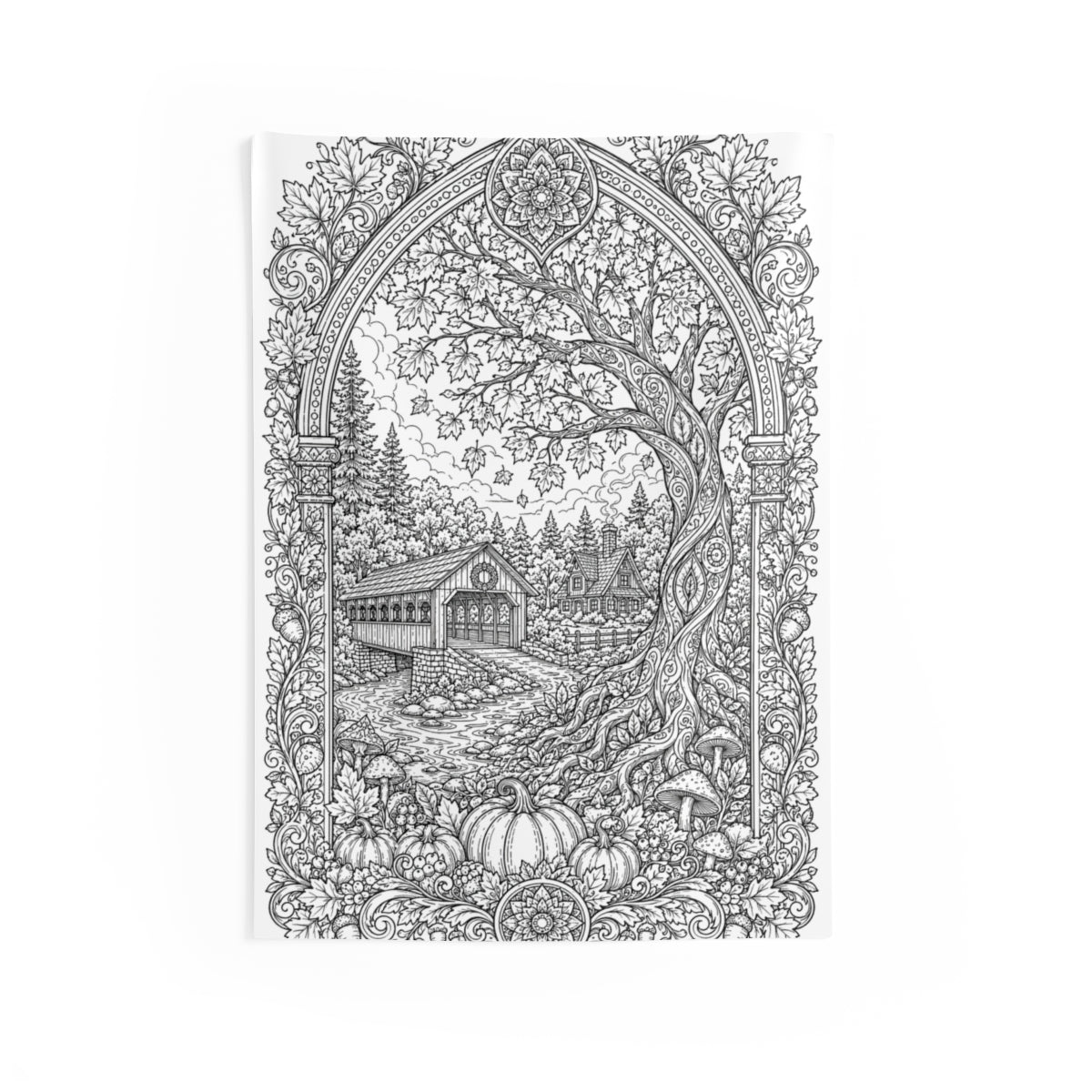 Autumn Covered Bridge Indoor Wall Tapestry kit shown in a lifestyle mockup - 26" × 36"