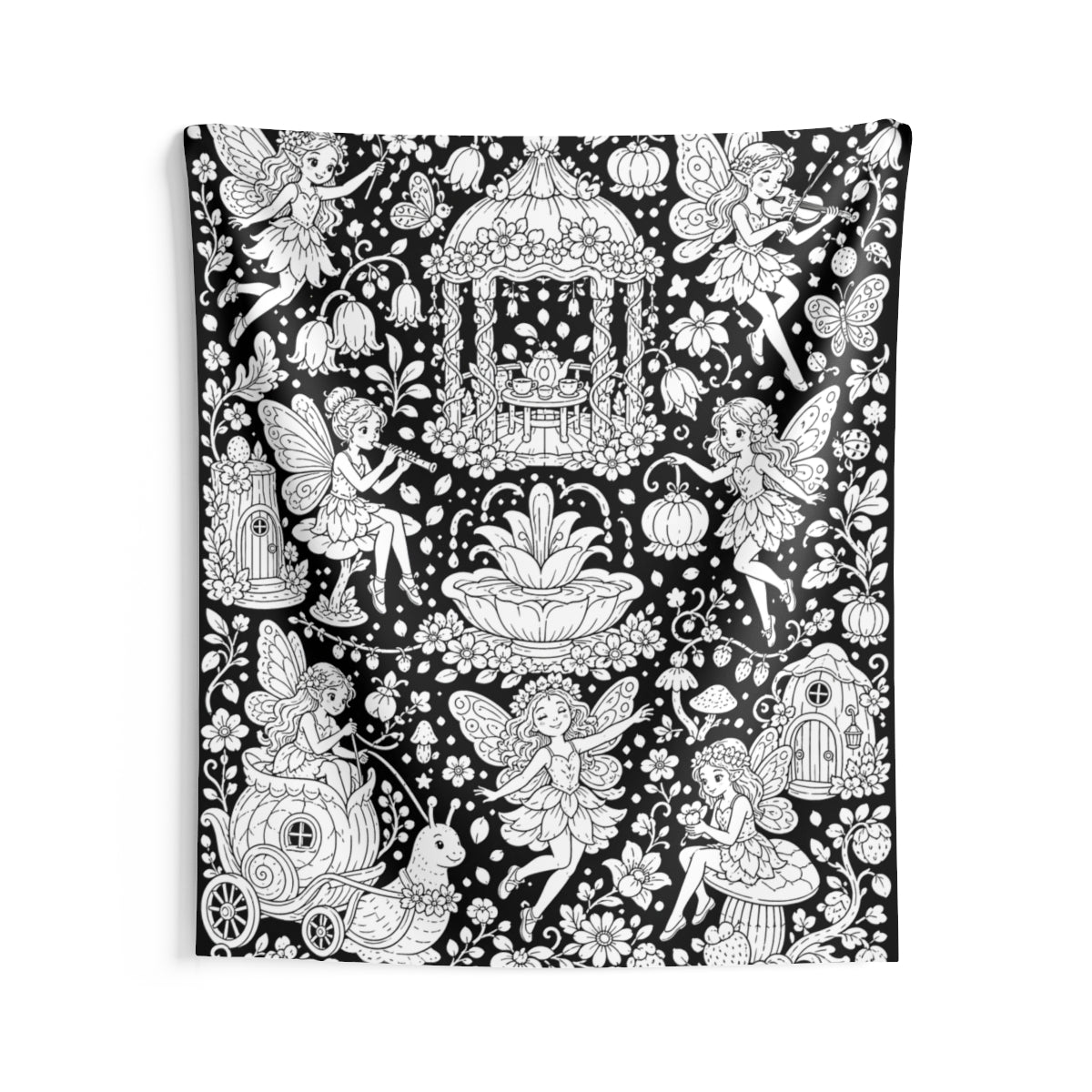 Fairy Garden Festival Indoor Wall Tapestry kit shown in a lifestyle mockup - 68" × 80"