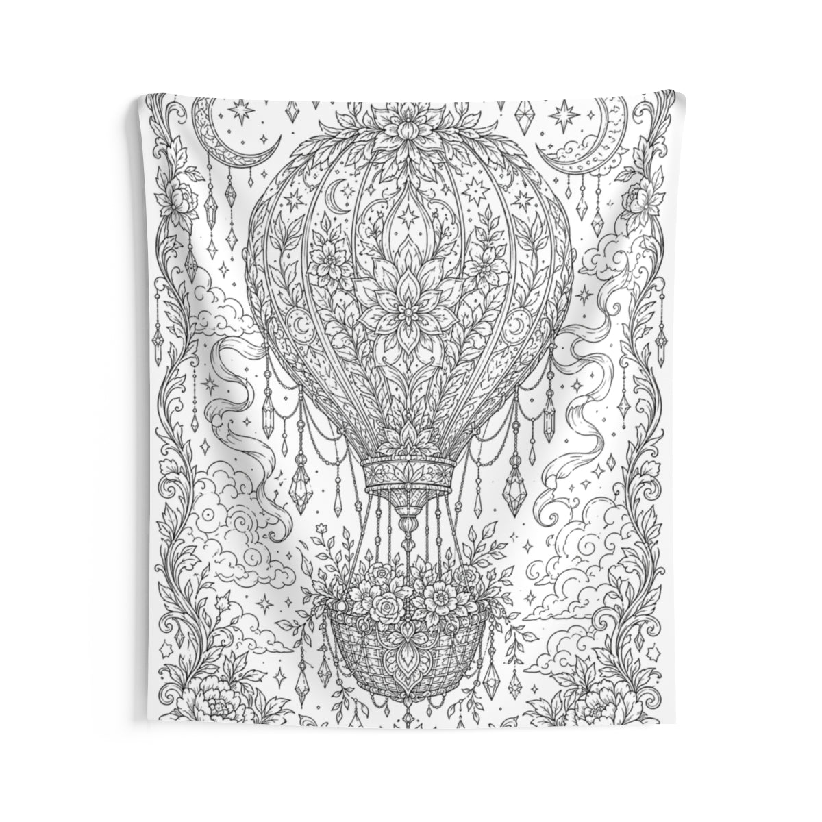 Celestial Hot Air Balloon Indoor Wall Tapestry kit shown in a lifestyle mockup - 68" × 80"