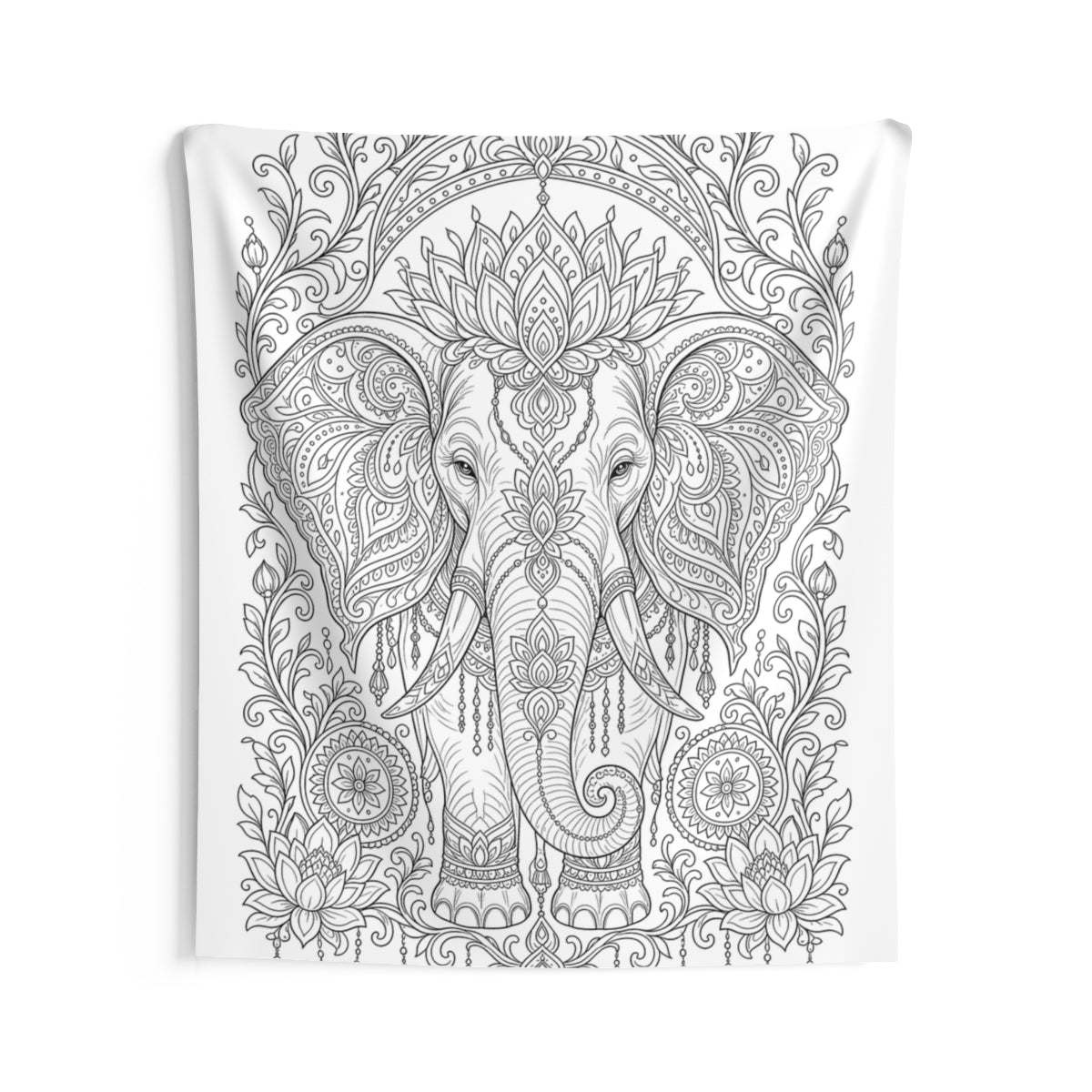 Ornate Elephant Lotus Garden Indoor Wall Tapestry kit shown in a lifestyle mockup - 68" × 80"