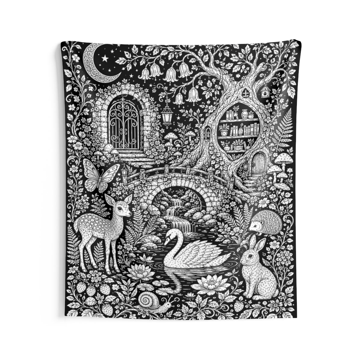 Moonlit Woodland Pond Indoor Wall Tapestry kit shown in a lifestyle mockup - 68" × 80"