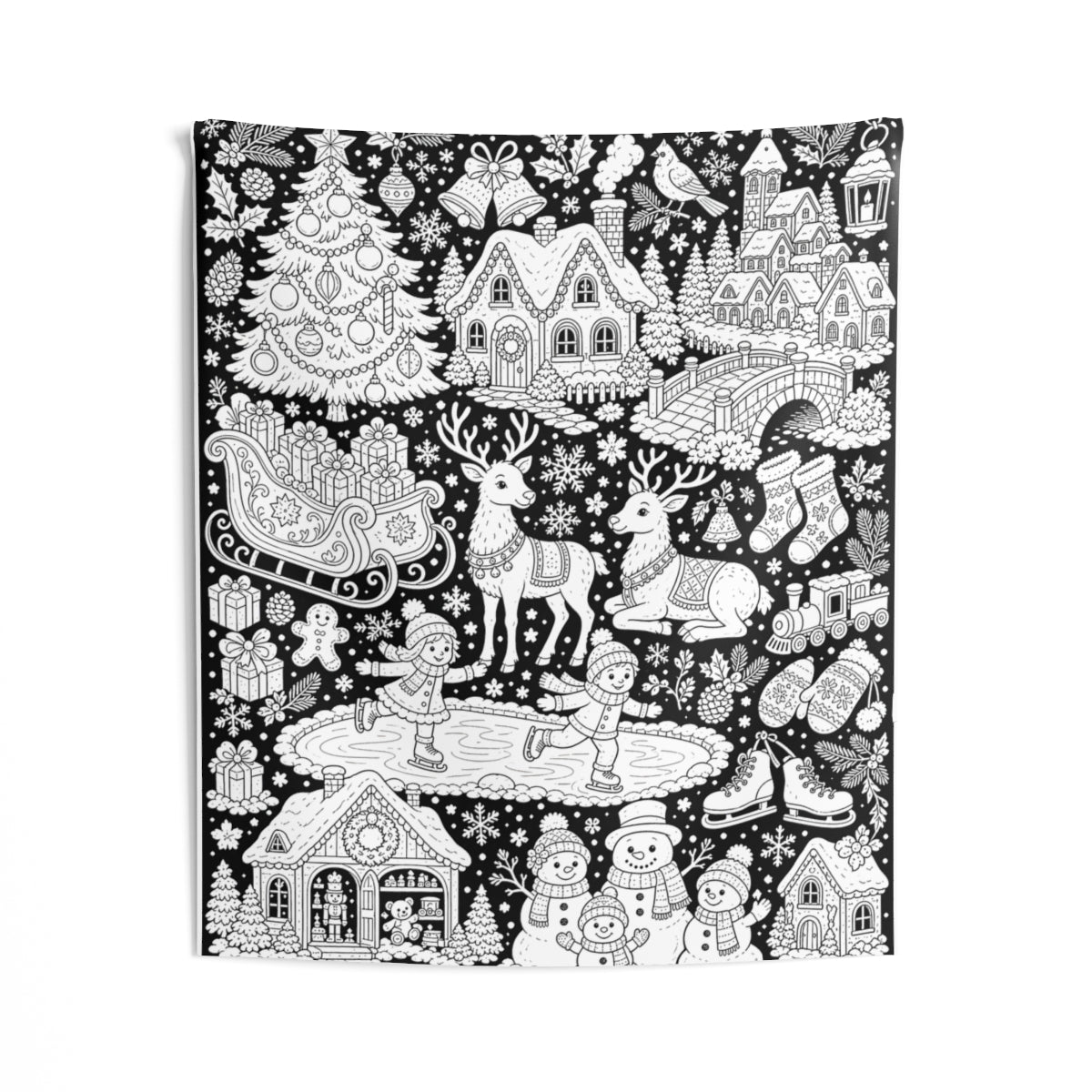 Christmas Winter Wonderland Indoor Wall Tapestry kit shown in a lifestyle mockup - 50" × 60"