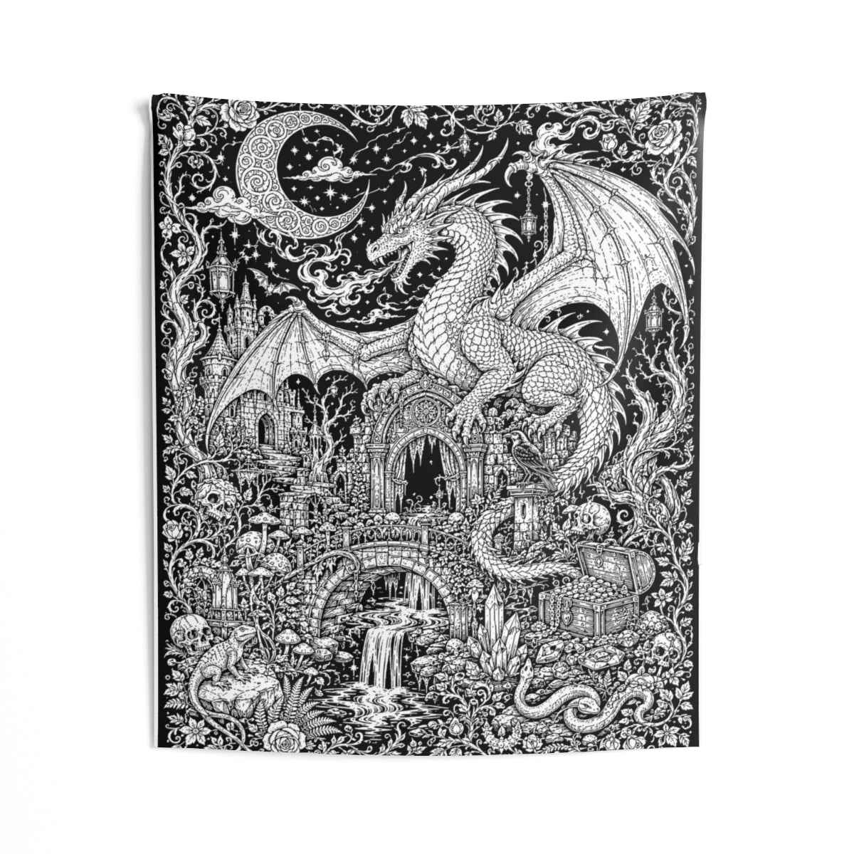 Dragon Castle Treasure Indoor Wall Tapestry kit shown in a lifestyle mockup - 50" × 60"