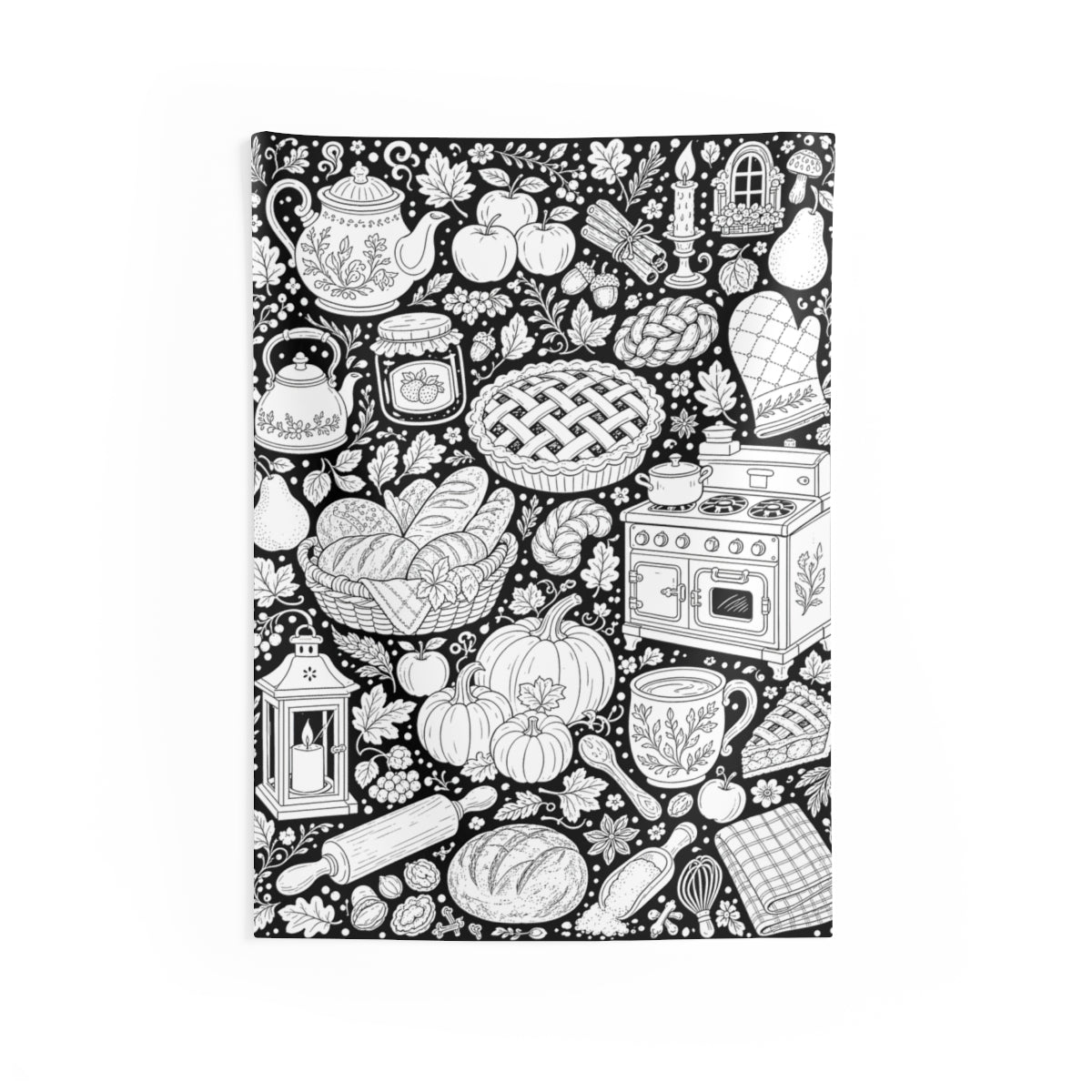 Autumn Kitchen Indoor Wall Tapestry kit shown in a lifestyle mockup - 26" × 36"