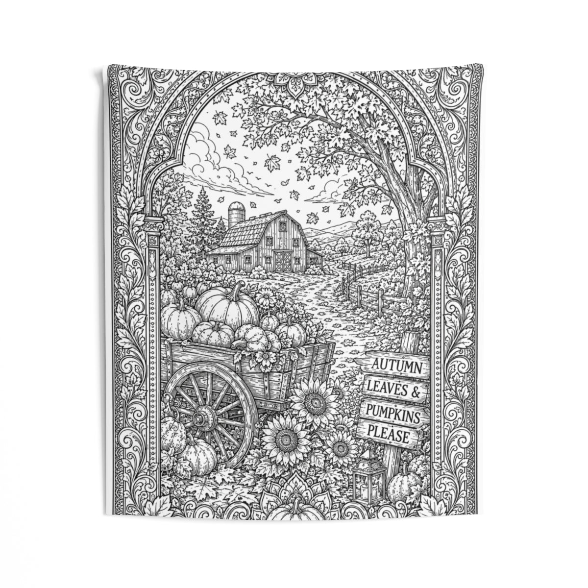 Autumn Harvest Pumpkin Cart Indoor Wall Tapestry kit shown in a lifestyle mockup - 50" × 60"