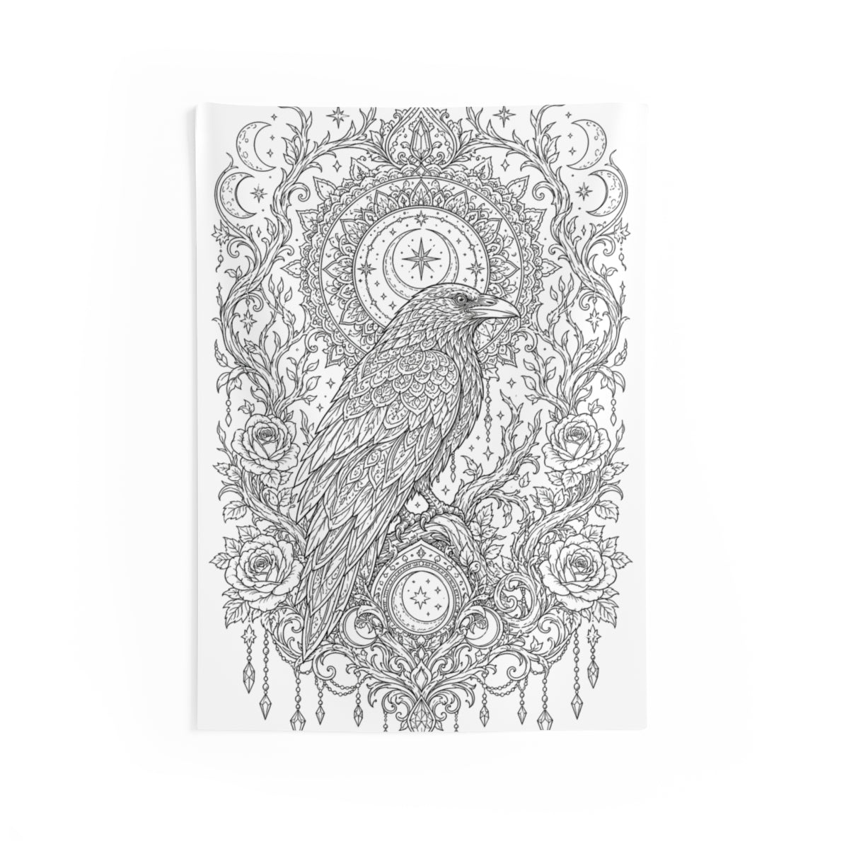 Celestial Raven Moon Garden Indoor Wall Tapestry kit shown in a lifestyle mockup - 26" × 36"