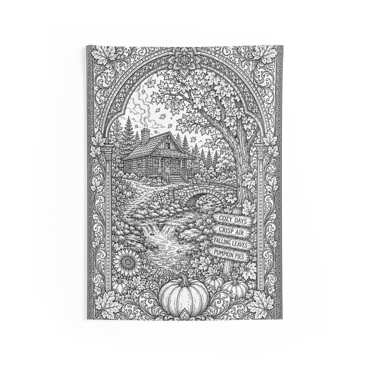 Cozy Autumn Cabin Indoor Wall Tapestry kit shown in a lifestyle mockup - 26" × 36"