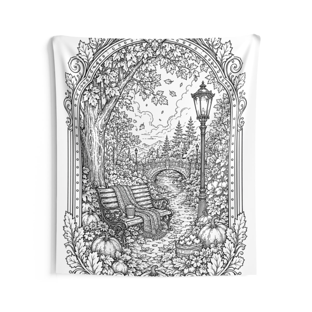 Autumn Park Bench Indoor Wall Tapestry kit shown in a lifestyle mockup - 68" × 80"