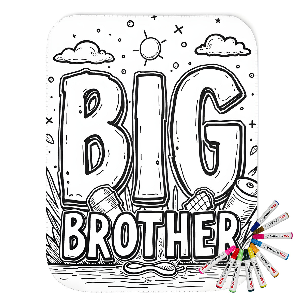 Cozy blanket with big brother design, featuring a monochrome illustration of 'BIG BROTHER' with cartoon-style sun, clouds, and nature elements. Perfect for big brother fans, brotherly love, or sibling gifts.
