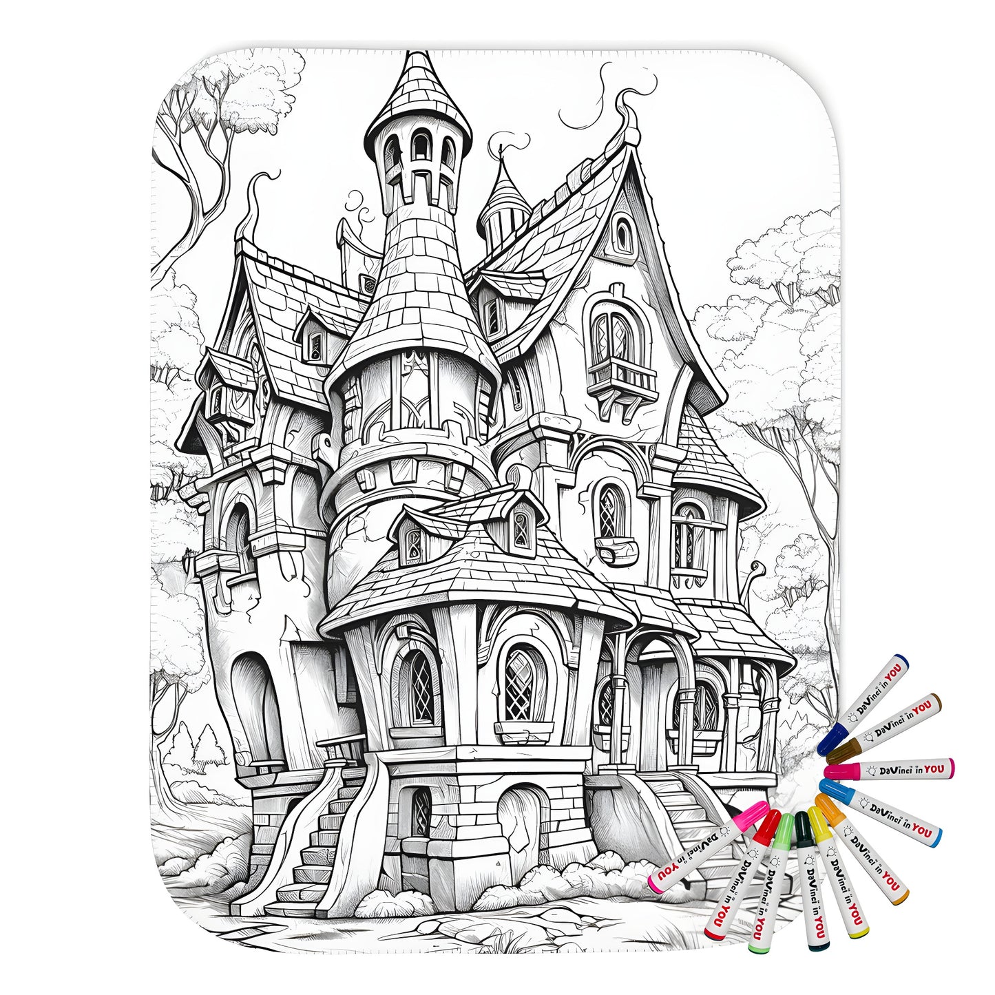 Detailed castle illustration blanket with vibrant fabric markers for adults
