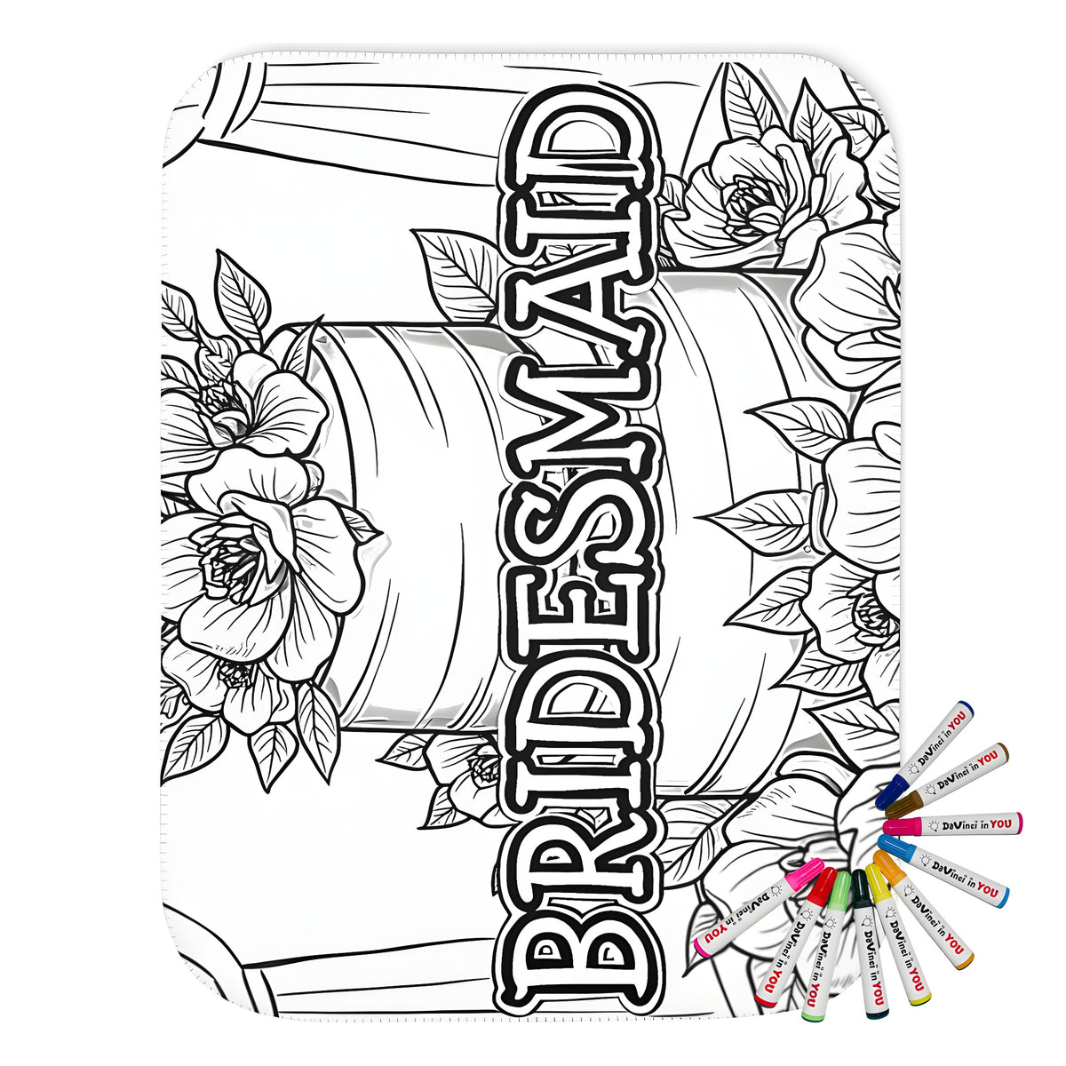 Cozy blanket featuring a whimsical black and white illustration of a wedding cake with flowers, perfect for bridesmaids, maid of honor, or special occasion decor. Includes 10 vibrant fabric markers for creative coloring