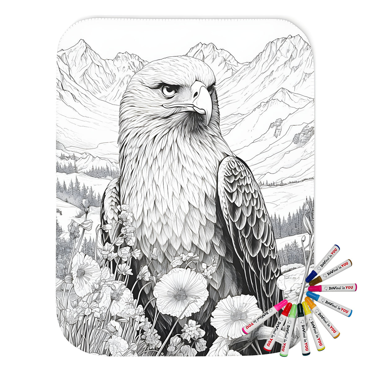 Blanket featuring intricate eagle designs with flowers and mountains, perfect for art lovers