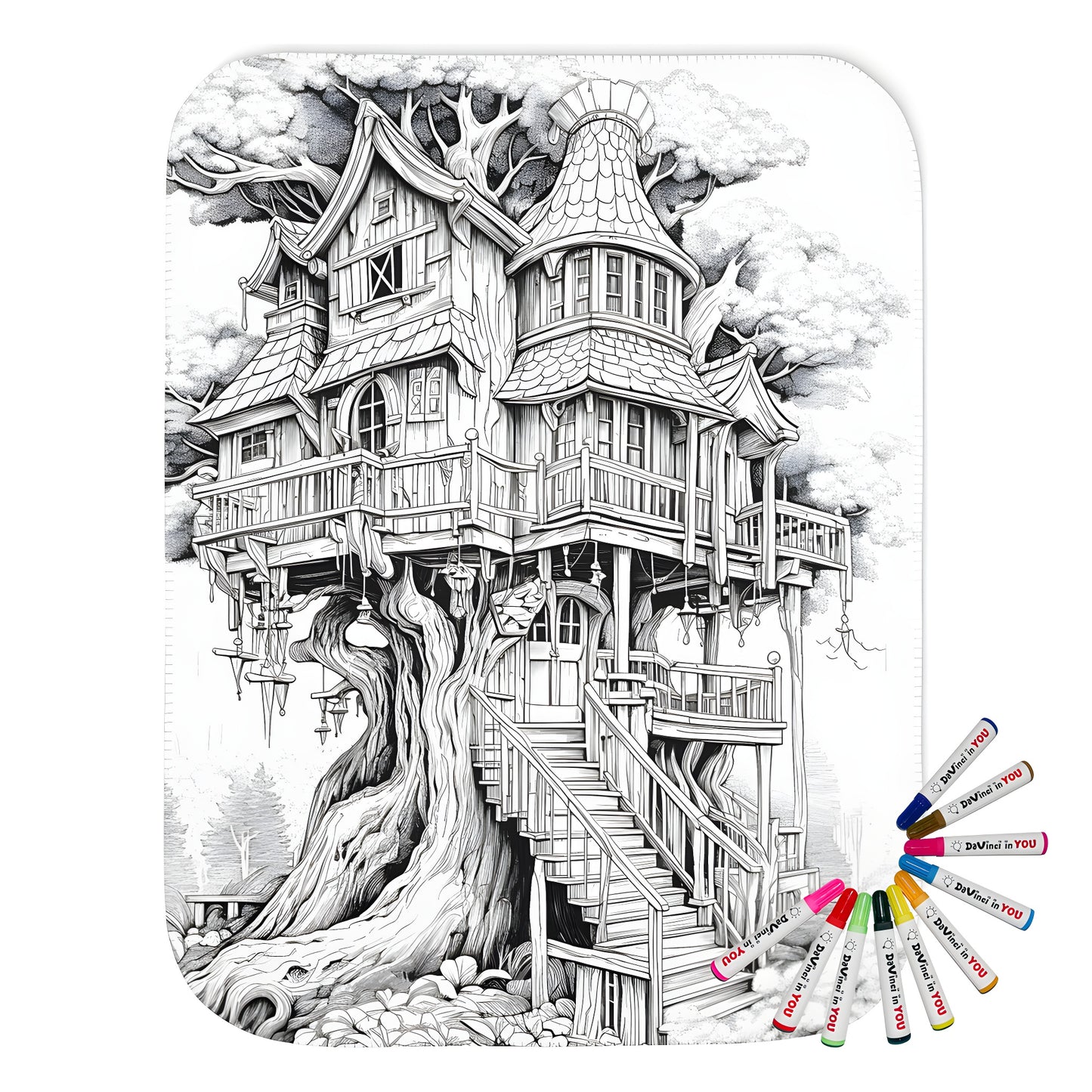 Whimsical woodland treehouse blanket featuring intricate details and a spiral staircase design