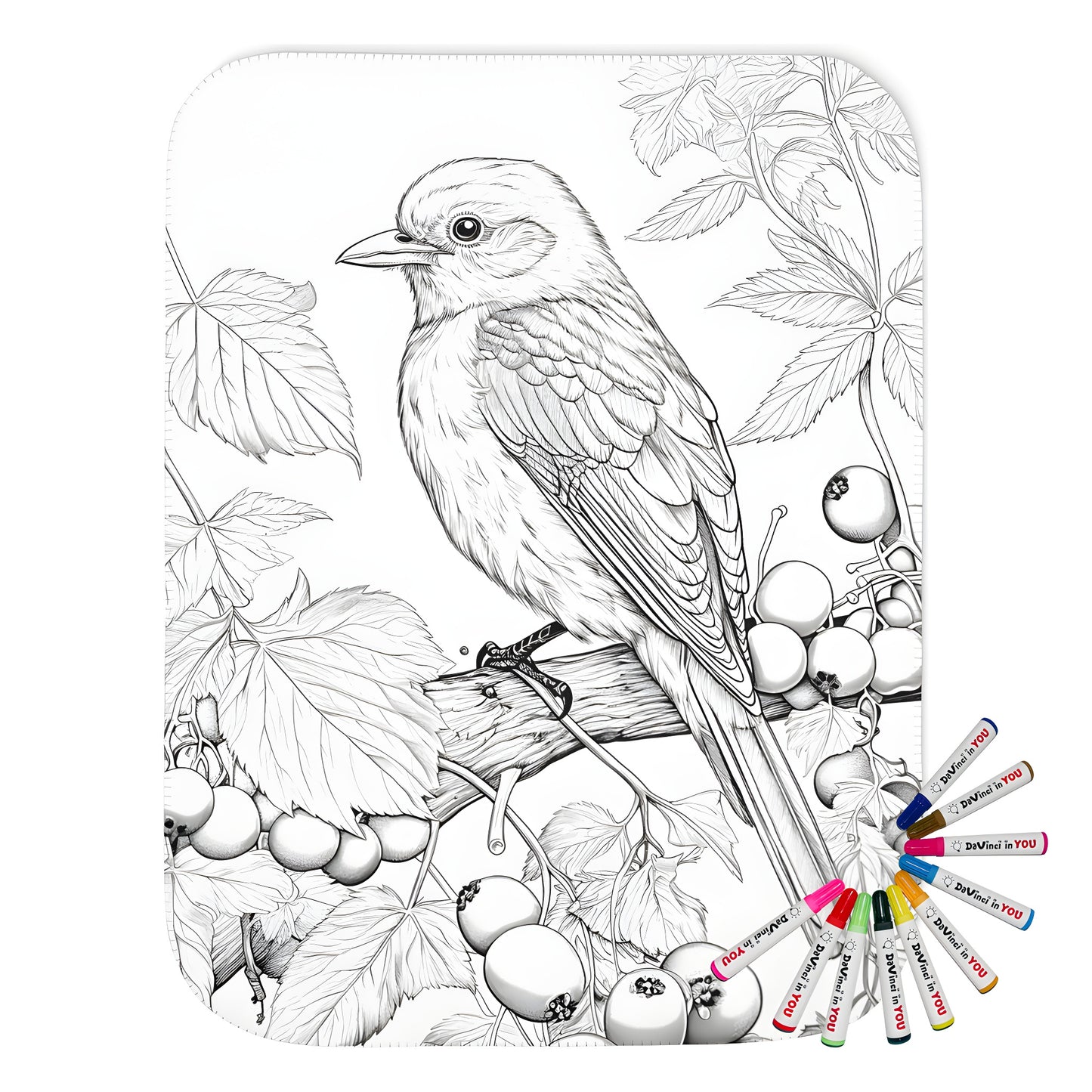 Coloring blanket with bird perched on branch design