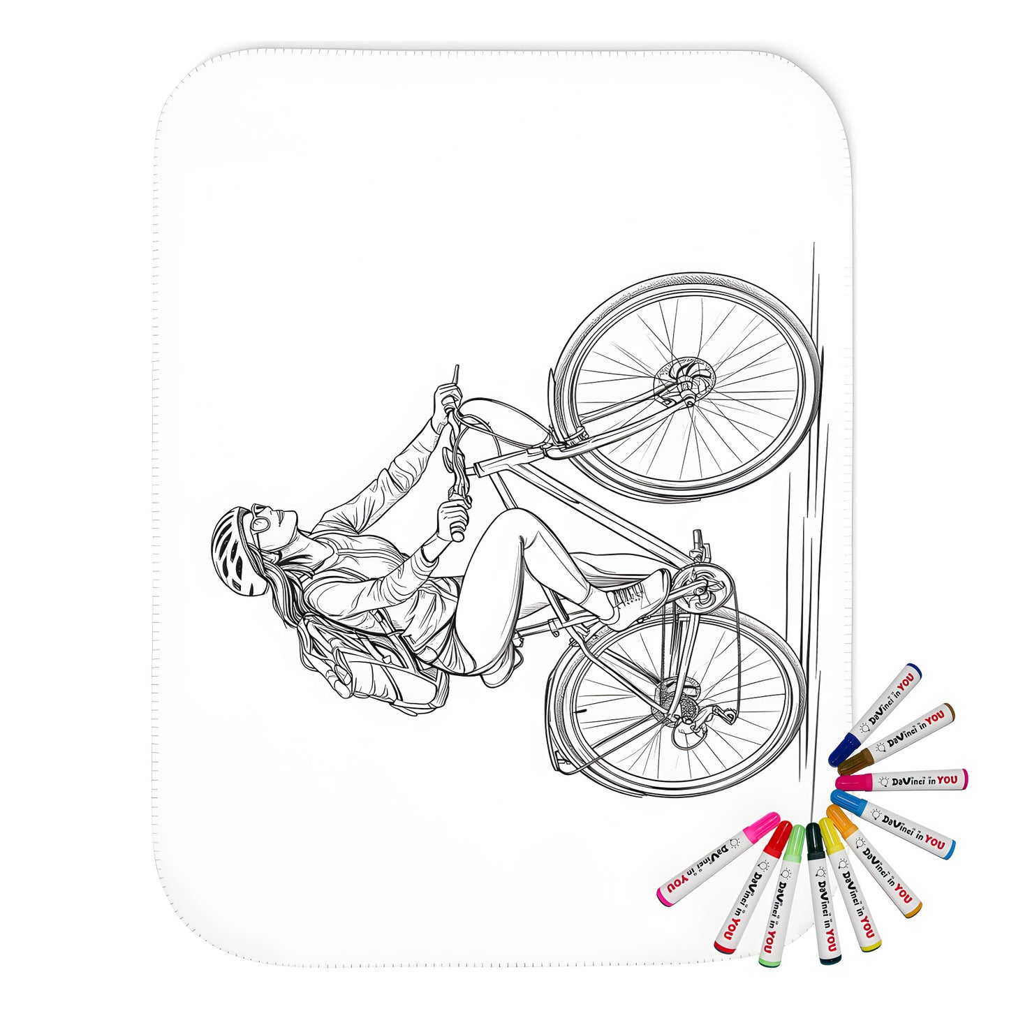 Blanket with a woman riding bicycle illustration, black and white graphic design, artful cycling theme