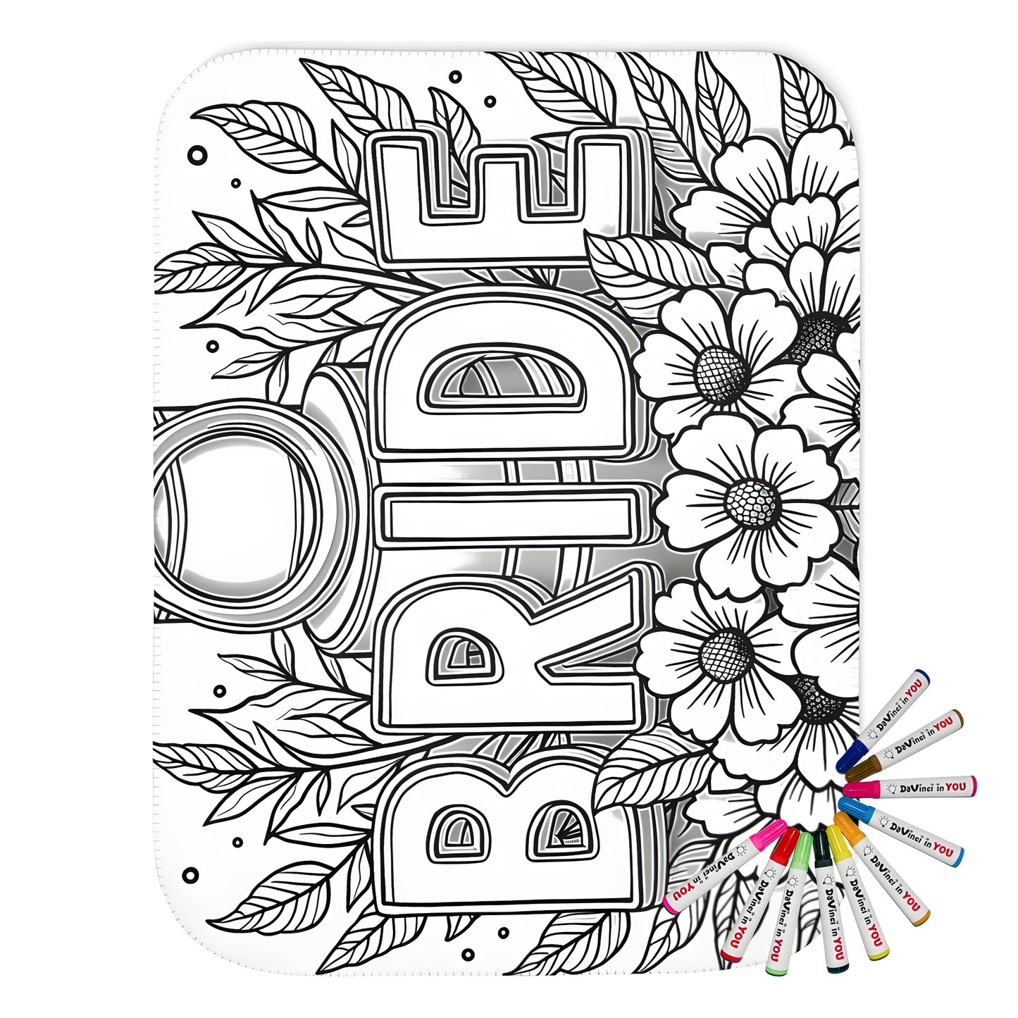 Wedding coloring blanket featuring bride illustration with flowers, leaves, and a ring