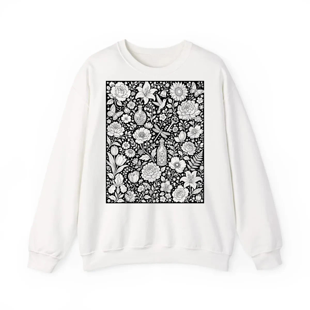 Botanical Garden Adult Crewneck Sweatshirt coloring kit mockup with white base, cotton/polyester blend, and graphic print