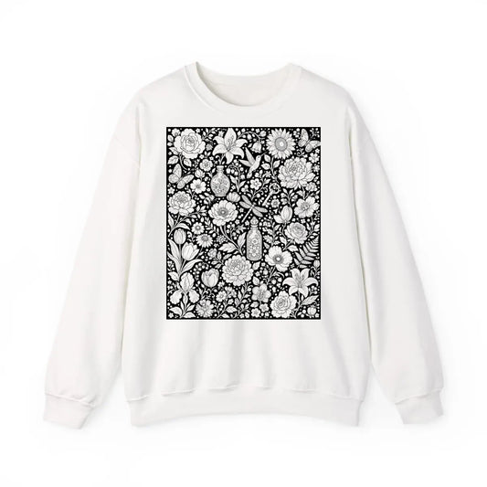 Botanical Garden Adult Crewneck Sweatshirt coloring kit mockup with white base, cotton/polyester blend, and graphic print