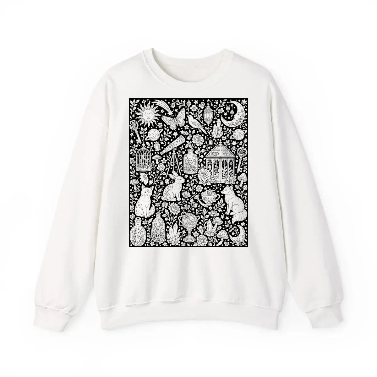 Celestial Fantasy Adult Crewneck Sweatshirt coloring kit mockup with white base, cotton/polyester blend, and graphic print