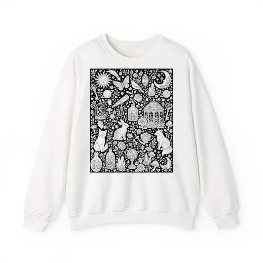 Celestial Fantasy Adult Crewneck Sweatshirt coloring kit mockup with white base, cotton/polyester blend, and graphic print