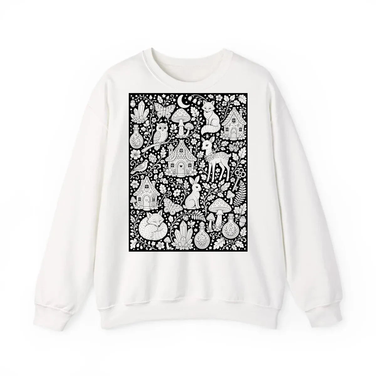Enchanted Woodland Adult Crewneck Sweatshirt coloring kit mockup with white base, cotton/polyester blend, and graphic print