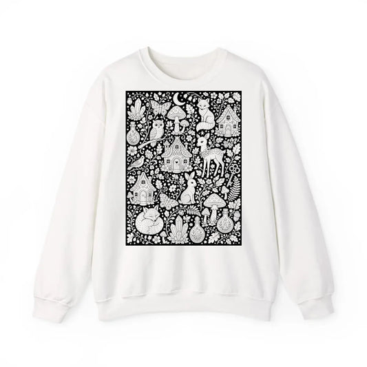 Enchanted Woodland Adult Crewneck Sweatshirt coloring kit mockup with white base, cotton/polyester blend, and graphic print