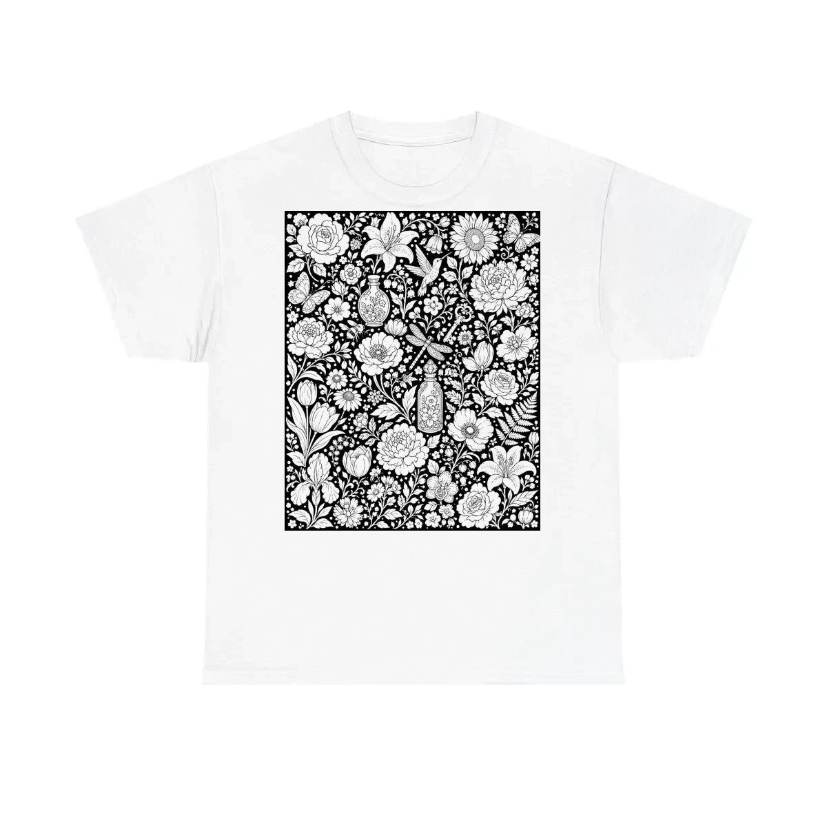 Botanical Garden Kids T-Shirt coloring kit mockup with white base, cotton, and graphic print