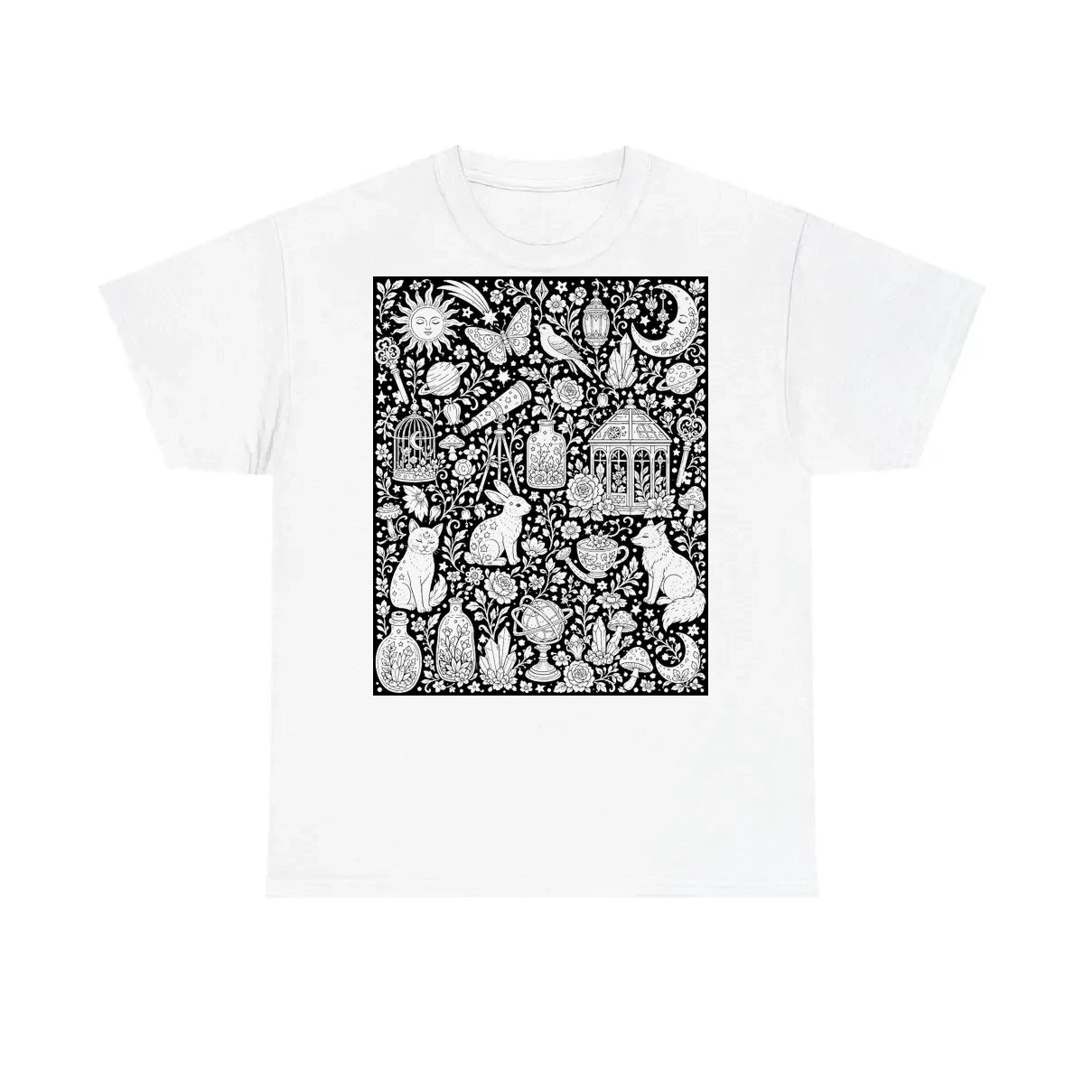 Celestial Fantasy Kids T-Shirt coloring kit mockup with white base, cotton, and graphic print