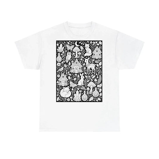 Enchanted Woodland Kids T-Shirt coloring kit mockup with white base, cotton, and graphic print