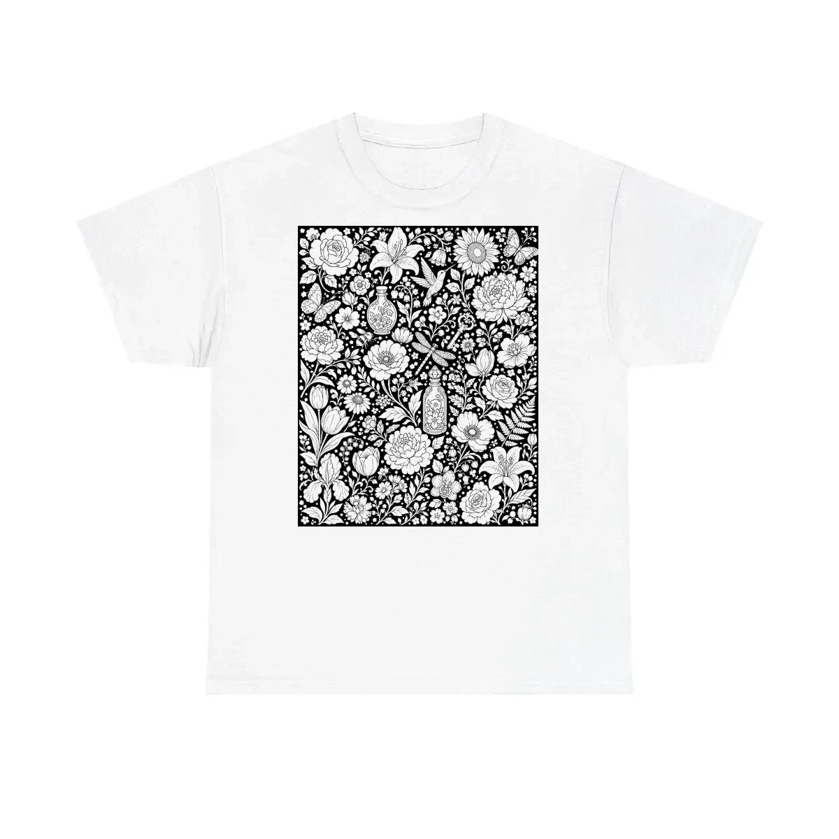Botanical Garden Unisex T-Shirt coloring kit mockup with white base, cotton, and graphic print