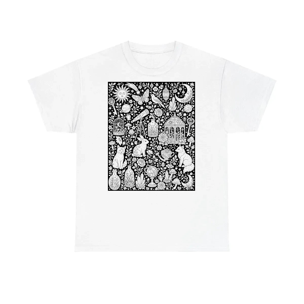 Celestial Fantasy Unisex T-Shirt coloring kit mockup with white base, cotton, and graphic print