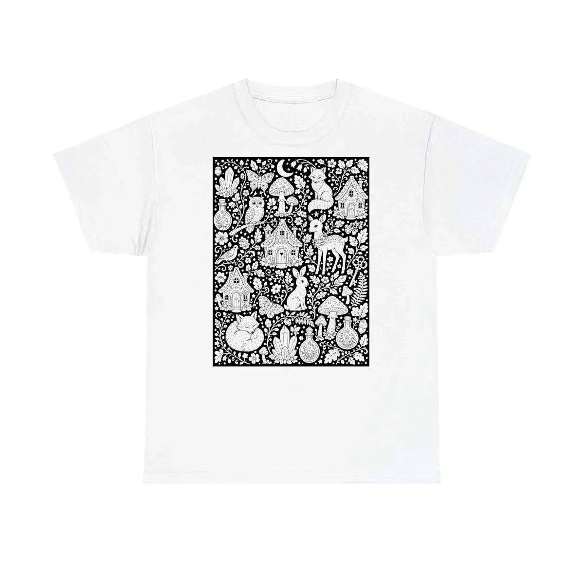 Enchanted Woodland Unisex T-Shirt coloring kit mockup with white base, cotton, and graphic print