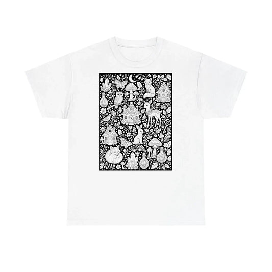 Enchanted Woodland Unisex T-Shirt coloring kit mockup with white base, cotton, and graphic print