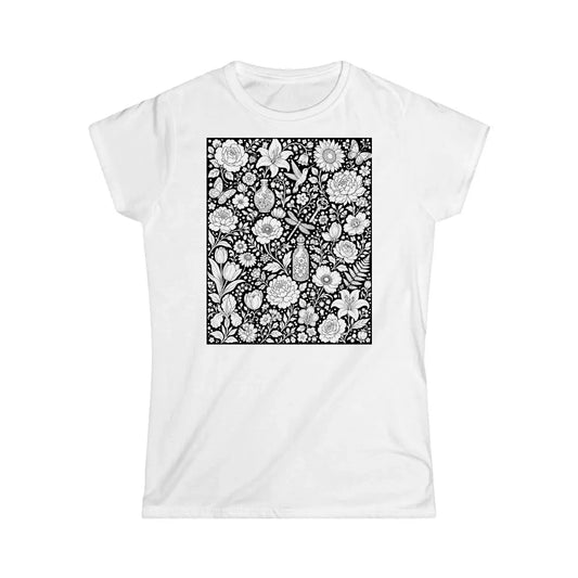 Botanical Garden Womens T-Shirt coloring kit mockup with white base, cotton, and graphic print
