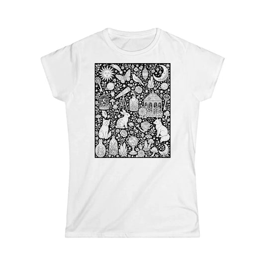 Celestial Fantasy Womens T-Shirt coloring kit mockup with white base, cotton, and graphic print