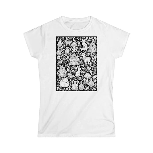 Enchanted Woodland Womens T-Shirt coloring kit mockup with white base, cotton, and graphic print