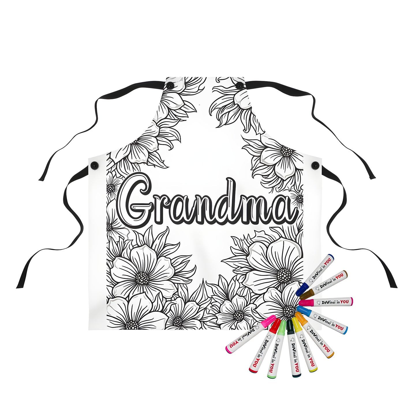 Coloring apron for grandma or mom with black and white floral pattern featuring word 'Grandma' surrounded by large blooming flowers, great gift idea for grandkids to create personalized aprons