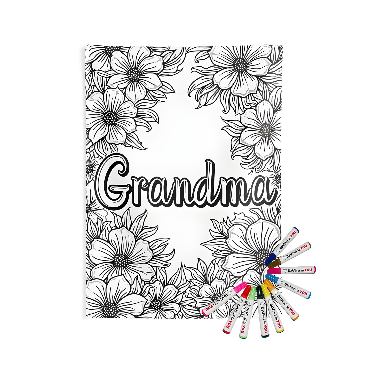 Grandma themed coloring page wall tapestry indoor decor. Black and white floral design with grandma's name in the center